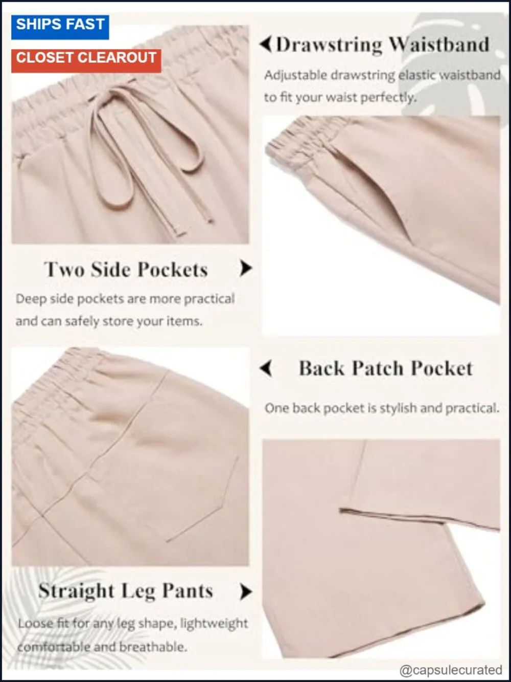 Men's Casual Linen Pants Loose Fit Elastic Waist Drawstring Lightweight Summer